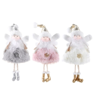 Three plush Christmas angel girl hanging ornaments in pink, white, and grey colors