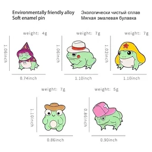 Cartoon frog enamel pins in diverse styles with size chart for alloy brooch collection