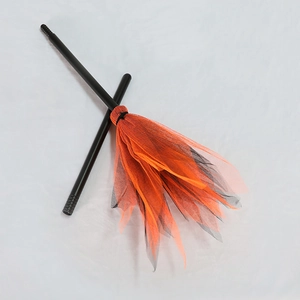 Halloween witch broom for cosplay party featuring orange and black mesh with plastic handle