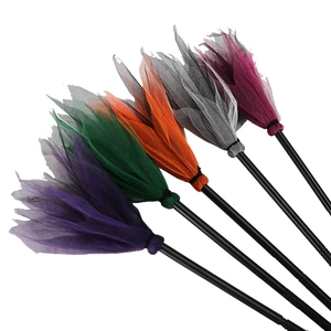 Set of 5 colorful Halloween witch brooms with plastic handles and vibrant mesh bristles