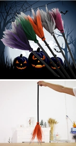 Detail of multi-colored mesh witch brooms with plastic handles for Halloween cosplay