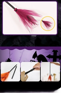 Detail showing the assembly of a Halloween witch broom with purple mesh and plastic handle