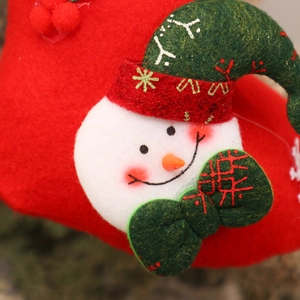 Close-up of a festive red Christmas stocking featuring detailed snowman applique and embroidery