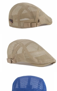 Detail of breathable mesh kids beret with adjustable bronze buckle and sporty patch