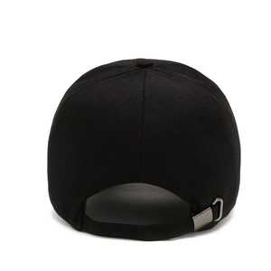 Rear view of black cotton baseball cap with adjustable metal buckle and six-panel crown