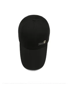 Top view of a black baseball cap with fine embroidery and six-panel crown detail