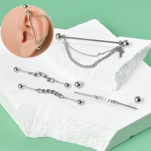 Silver stainless steel industrial ear bridge set with cross pendant and zircon chain studs