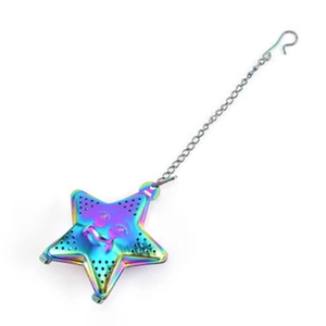 Rainbow star-shaped stainless steel tea infuser with chain and hook on white background