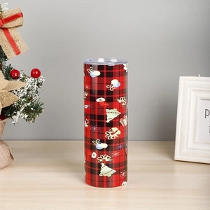 Detailed view of 20oz stainless steel tumbler with Buffalo plaid and Christmas motifs