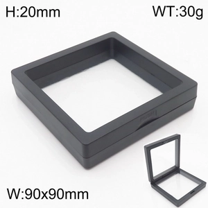 Detail view of 90x90mm black suspension jewelry display box with push-to-open latch