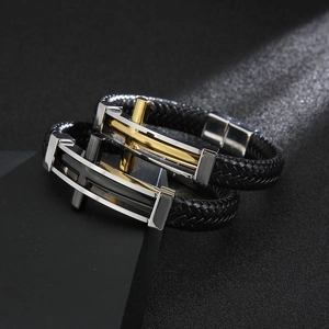 Men's leather braided cross bracelets with stainless steel clasps in gold and silver