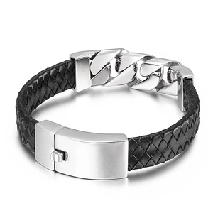Men's silver stainless steel Cuban chain braided black leather bracelet with magnetic clasp