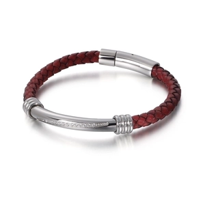 Men Braided Leather Bracelet With Stainless Steel Rhinestone Curved Tube Geometric Trendy Jewelry Magnetic Clasp