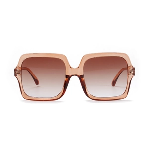 Retro oversized square sunglasses with translucent amber frames and brown gradient lenses