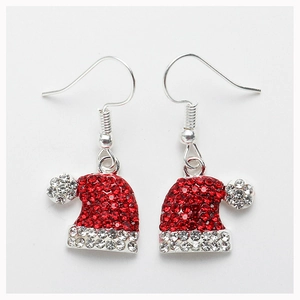 Sparkling Christmas hat drop earrings with red and white rhinestones on silver hooks