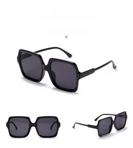 Three views of square oversized sunglasses S3378 in black with thick frame and dark lenses
