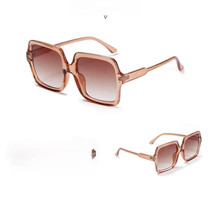 Three-view display of square oversized sunglasses with gradient tea lenses and clear frames