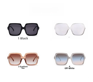 Square oversized sunglasses shown in black, yellow, tawny, and cream color variations