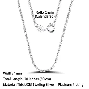 Macro shot of 1mm S925 sterling silver cable chain showing spring clasp and 925 hallmarks