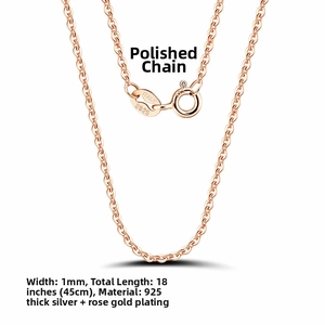 Close-up of 1mm rose gold 18-inch S925 sterling silver cable chain with ITALY S925 hallmark