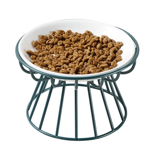 Elevated ceramic cat bowl with dark green metal stand for ergonomic pet feeding
