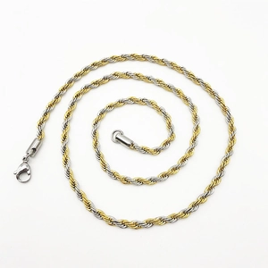 Detail of two-tone gold and silver stainless steel rope chain with secure lobster clasp