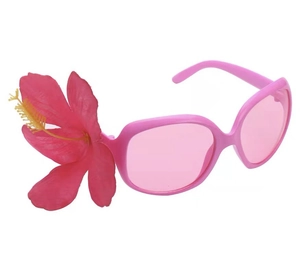 Detail der pinkfarbenen Hibiskus-Sonnenbrille für Sommerpartys und Strandurlaube