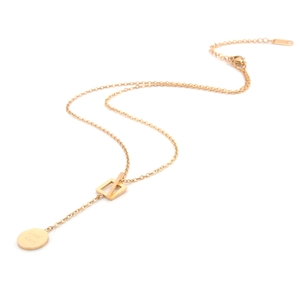 18K gold plated Y-shaped titanium steel necklace with square pendant and Good Luck tag