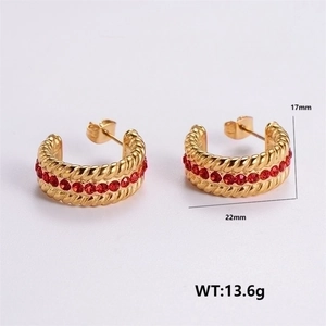 Gold chunky twisted C-hoop earrings with red rhinestone inlay and size measurements