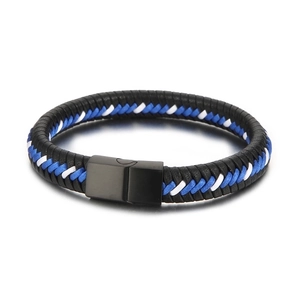 Men's braided leather bracelet with blue and white cord and black magnetic clasp