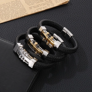 Men's punk braided leather bracelets with rivet magnetic clasps in silver, gold and black