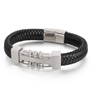 Men's punk black braided leather bracelet with silver stainless steel rivet magnetic clasp