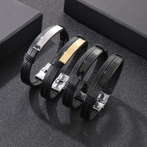 Men's double-layered braided leather bracelet with engravable stainless steel plate accents