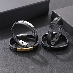 Men's double-layered braided leather bracelets with engraved stainless steel plates