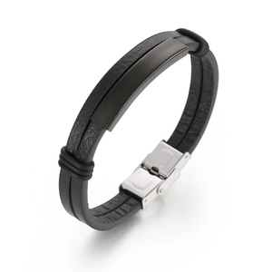 Men's double-layered black leather braided bracelet with stainless steel plate