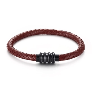 Men's braided microfiber leather bracelet with black magnetic clasp on white background