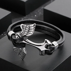 Men's double-layer black leather bracelet with silver anchor and wing metal clasp