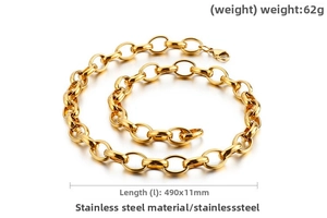 Detailed view of gold stainless steel link chain with 490mm length and 11mm width