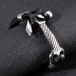 Men's multilayer black braided leather bracelet with silver hammer charm and anchor clasp