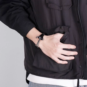 Men's silver anchor charm bracelet with black multi-layer braided leather wristband