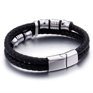 Men's double-layered braided leather bracelet with stainless steel magnetic clasp