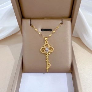 Key Pendant Necklace Stainless Steel Chain Vintage Gold Color Luxurious Copper Micro Inlaid Zircon Jewelry For Women
