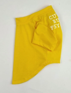 Close-up of yellow cotton dog t-shirt with CU BU PSY print for French Bulldogs