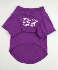Detail of purple cotton pet t-shirt with white text reading I still live with my parents