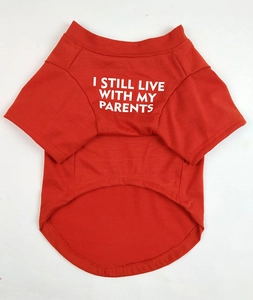 Detailed view of red cotton pet T-shirt with I Still Live With My Parents print