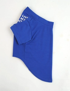 Flat lay of a blue pet cotton T-shirt featuring short sleeves and white text on the sleeve