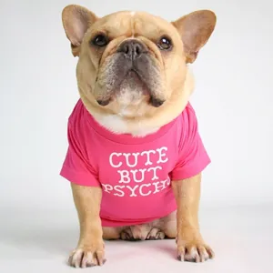 Detail of rose pink cotton pet T-shirt featuring Cute But Psycho white artistic lettering
