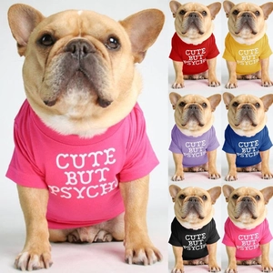 Collage of colorful pet T-shirts for Bulldogs featuring Cute But Psycho slogan print