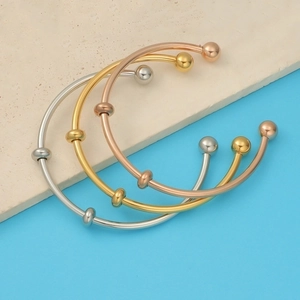 Stainless Steel Cuff Bangle Mirror Polished Sliding Beads Screw Off Ball Ends Fashion Jewelry For Women