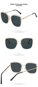Three views of square metal sunglasses with cream white frames and dark grey lenses
